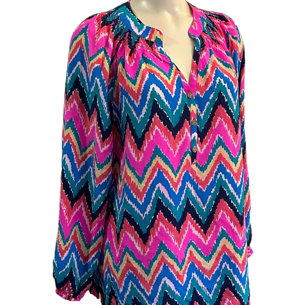 LILLY PULITZER 100% silk zigzag ikat blouse LARGE